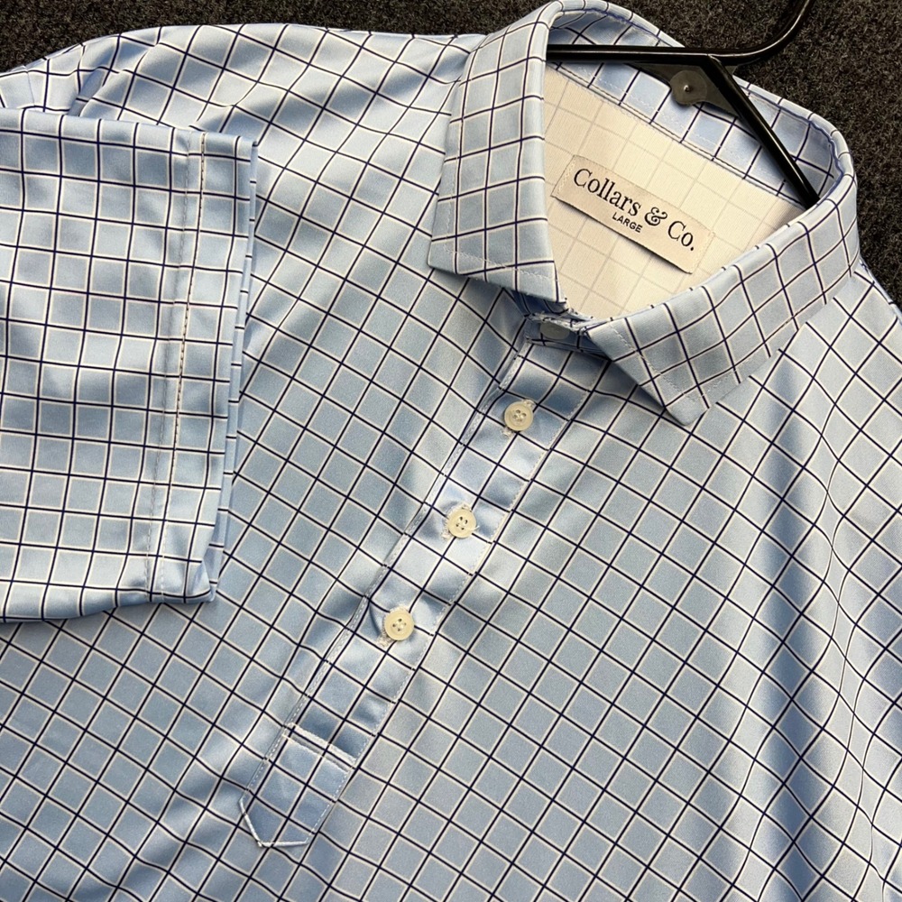Collars & Co Mens Dress Collar Polo Shirt Blue Windowpane Performance Large 2566